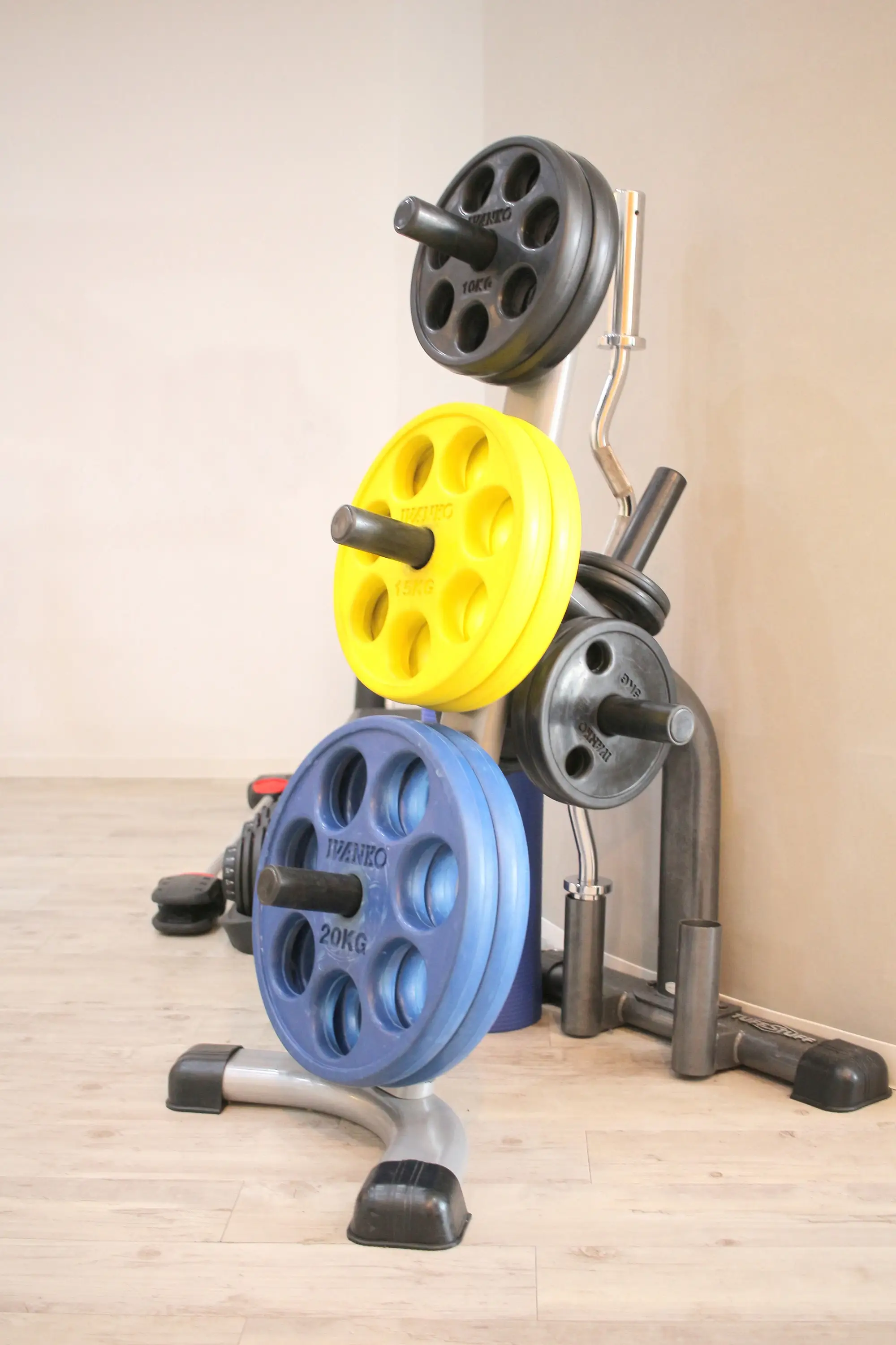 浦安のパーソナルジム「REVOIST」のバーベルプレート。細かな負荷調整が可能で、高重量での本格的なトレーニングを希望される方にも対応しています。